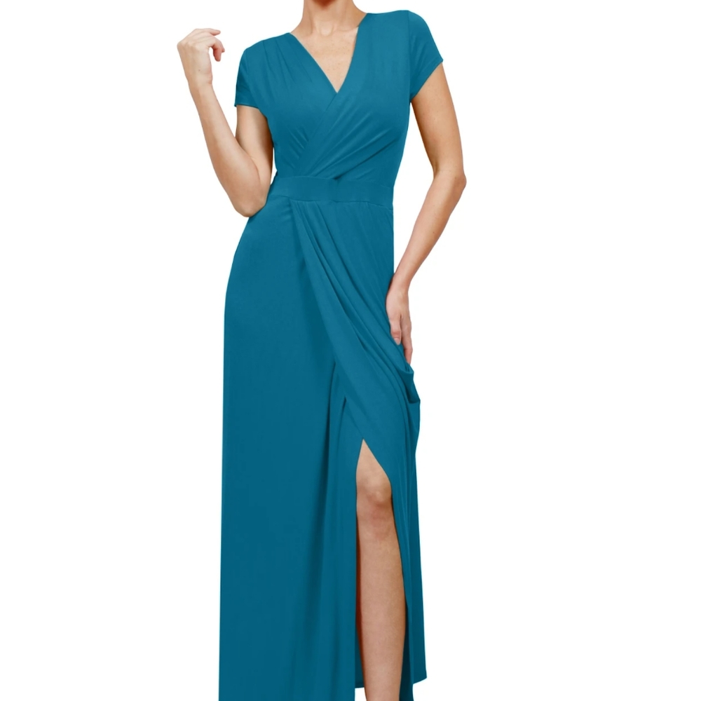 S-Twelve Blue Rayon-blend Faux Wrap Maxi Dress S